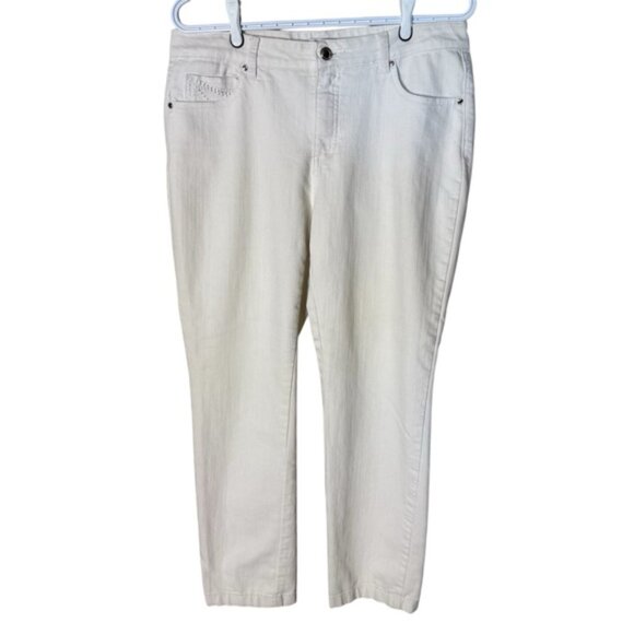 SIMON CHANG Straight Leg White Denim Jeans Embroidered Pockets Cigarette Pants - Picture 2 of 16